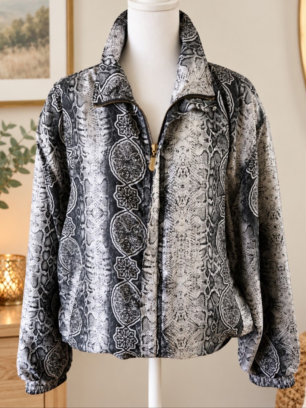 Vintage Fuda 100% Silk Snakeskin Print Bomber Jacket Avant Garde Streetwear